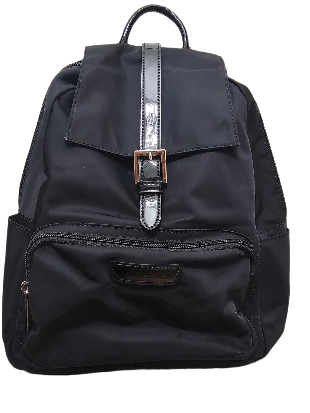 Lancaster Basic Verni Black Nylon Backpack Patent Trim Minimal Bag